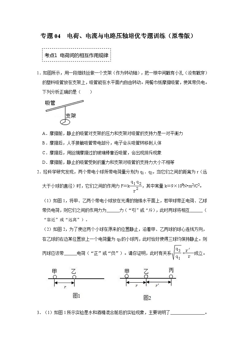 人教版九年级全一册物理《压轴挑战》培优专题训练 专题04  电荷、电流与电路压轴培优专题训练（原卷版+解析）第1页