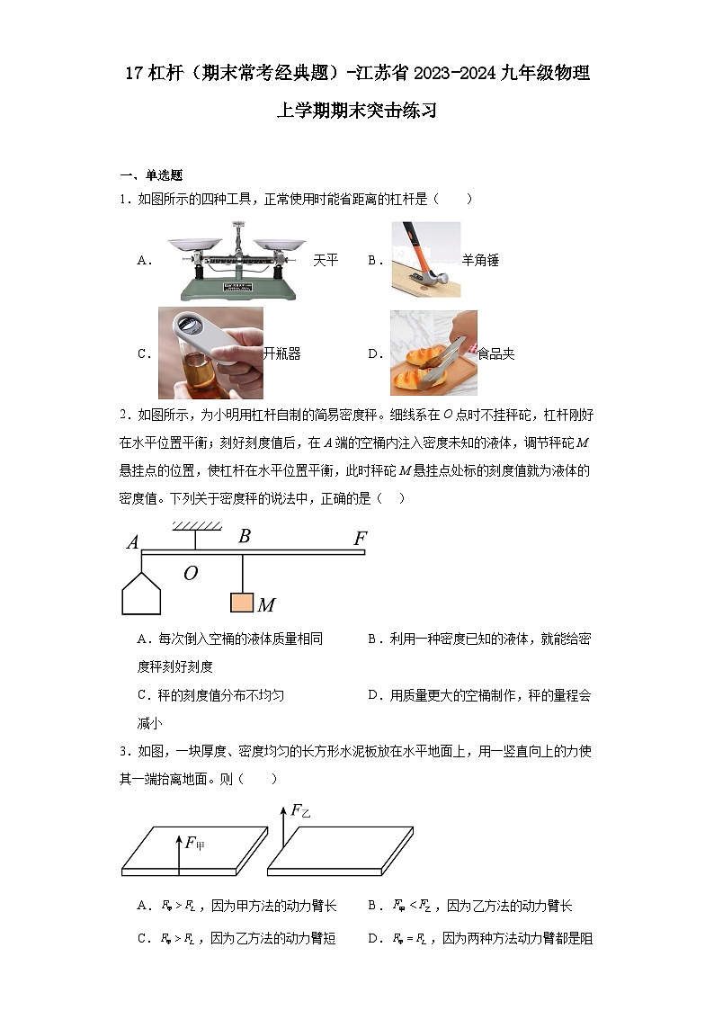 17杠杆（期末常考经典题）-江苏省2023-2024九年级物理上学期期末突击练习第1页