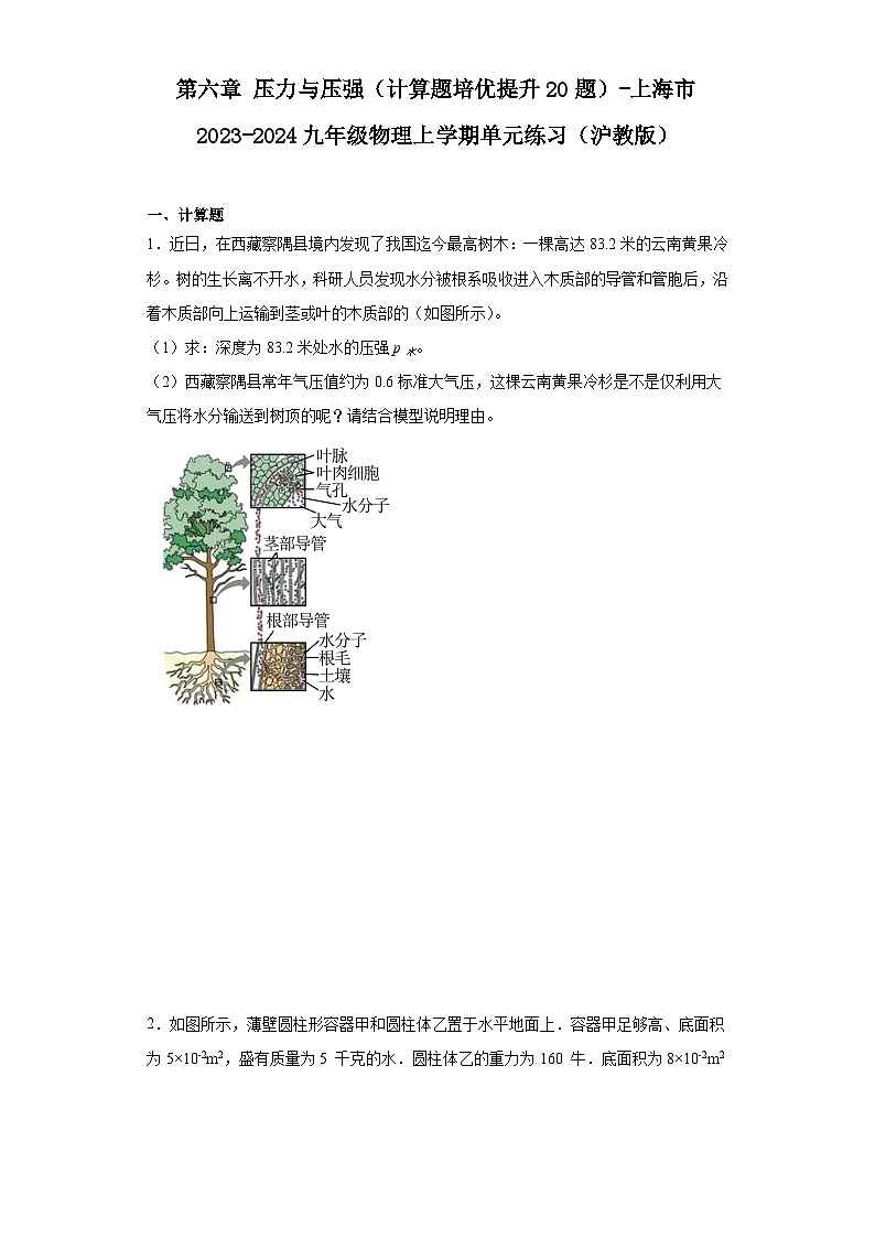 第六章压力与压强（计算题培优提升20题）-上海市2023-2024九年级物理上学期单元练习（沪教版第1页
