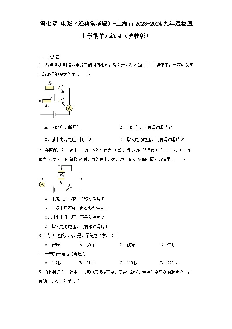 第七章电路（经典常考题）-上海市2023-2024九年级物理上学期单元练习（沪教版）第1页