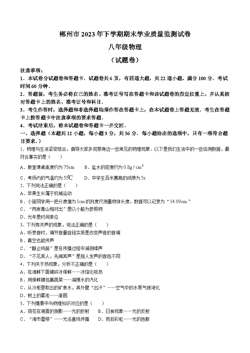 湖南省郴州市2023-2024学年八年级上学期期末考试物理试题01
