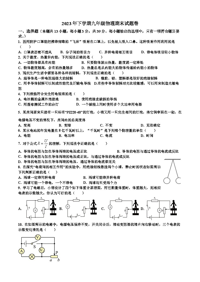 湖南省郴州市桂东县2023-2024学年九年级上学期期末物理试题（文字版）第1页