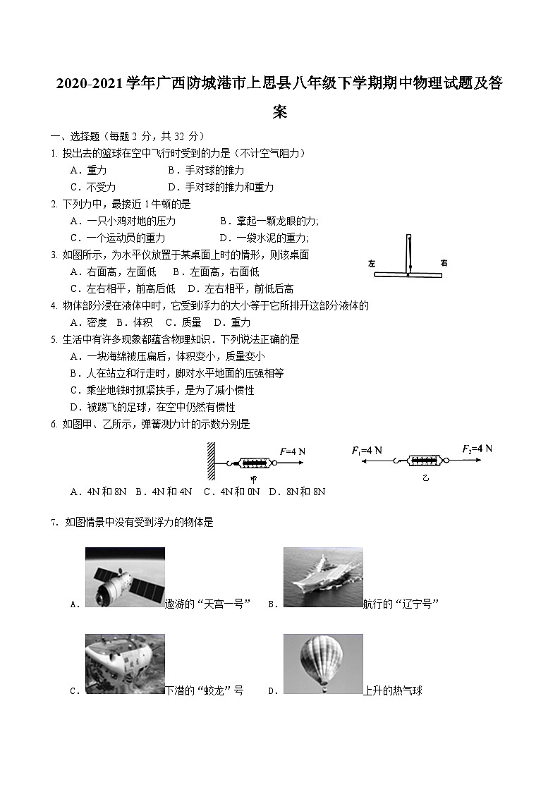 2020-2021学年广西防城港市上思县八年级下学期期中物理试题及答案第1页
