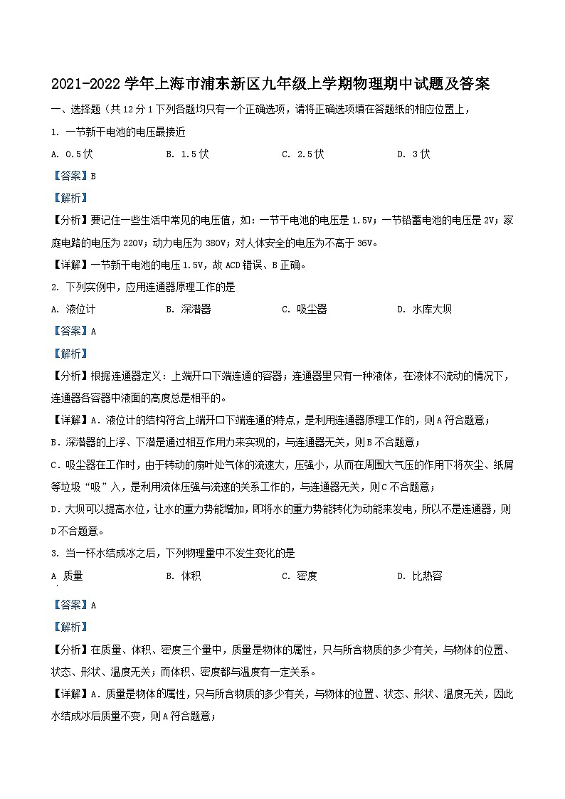 2021-2022学年上海市浦东新区九年级上学期物理期中试题及答案第1页