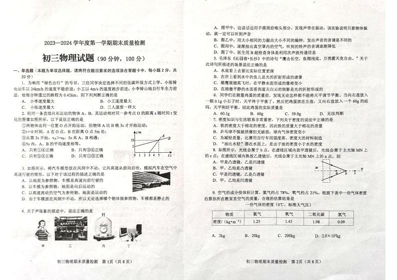 山东省烟台市牟平区（五四制）2023-2024学年八年级上学期期末考试物理试题01