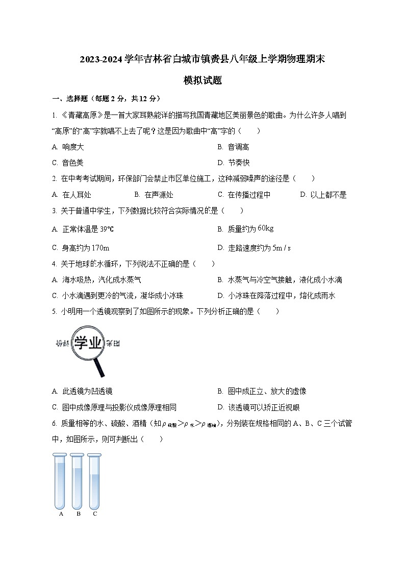 2023-2024学年吉林省白城市镇赉县八年级上册物理期末模拟试题（附答案）01