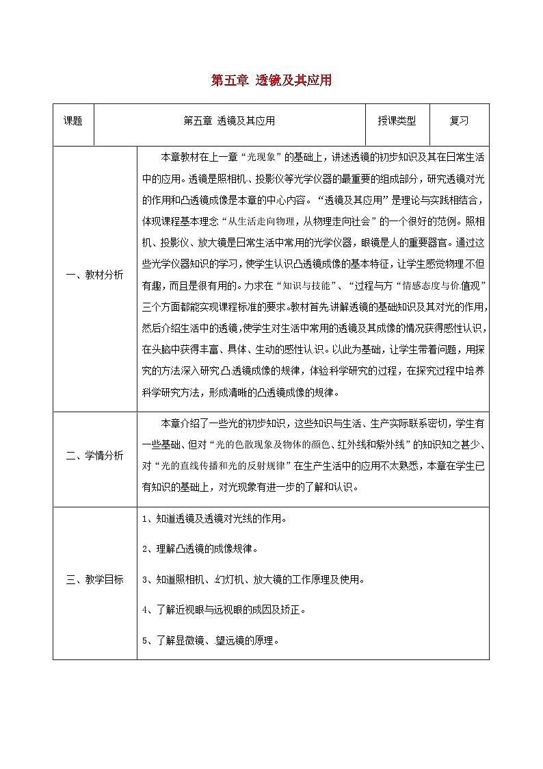 八年级物理新人教版上册同课异构教案：5透镜及其应用第1页