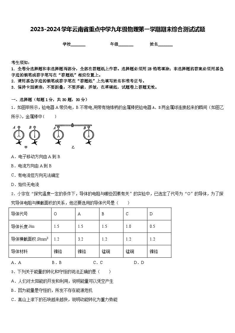 2023-2024学年云南省重点中学九年级物理第一学期期末综合测试试题含答案第1页