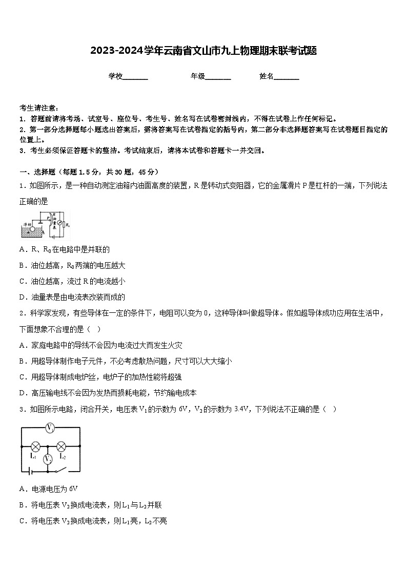 2023-2024学年云南省文山市九上物理期末联考试题含答案01
