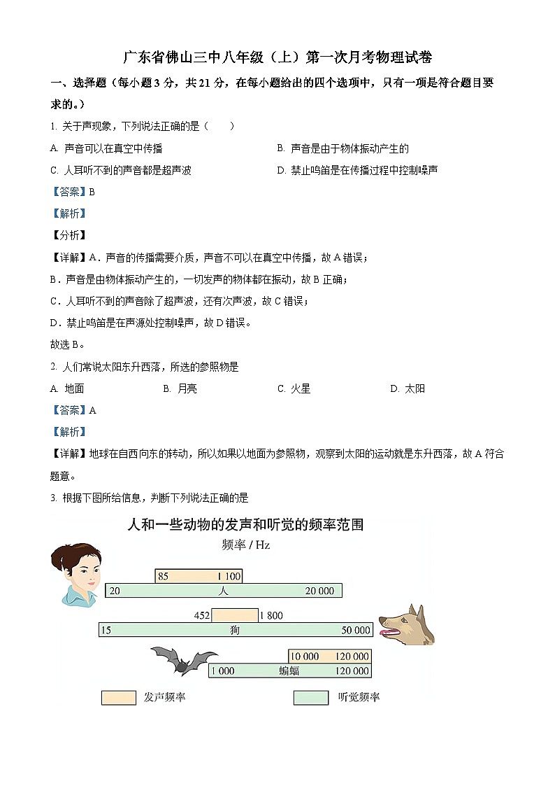 精品解析：广东省佛山三中八年级上学期第一次月考物理试题（解析版）第1页