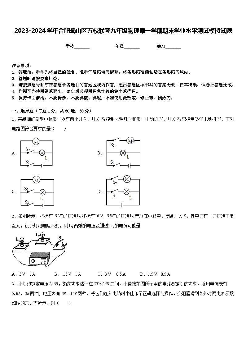 2023-2024学年合肥蜀山区五校联考九年级物理第一学期期末学业水平测试模拟试题含答案第1页