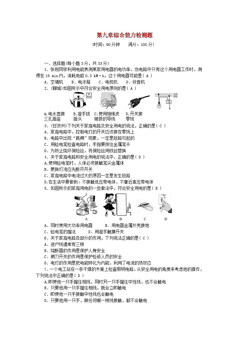 2024九年级物理下册第九章家庭用电综合能力检测题新版教科版01