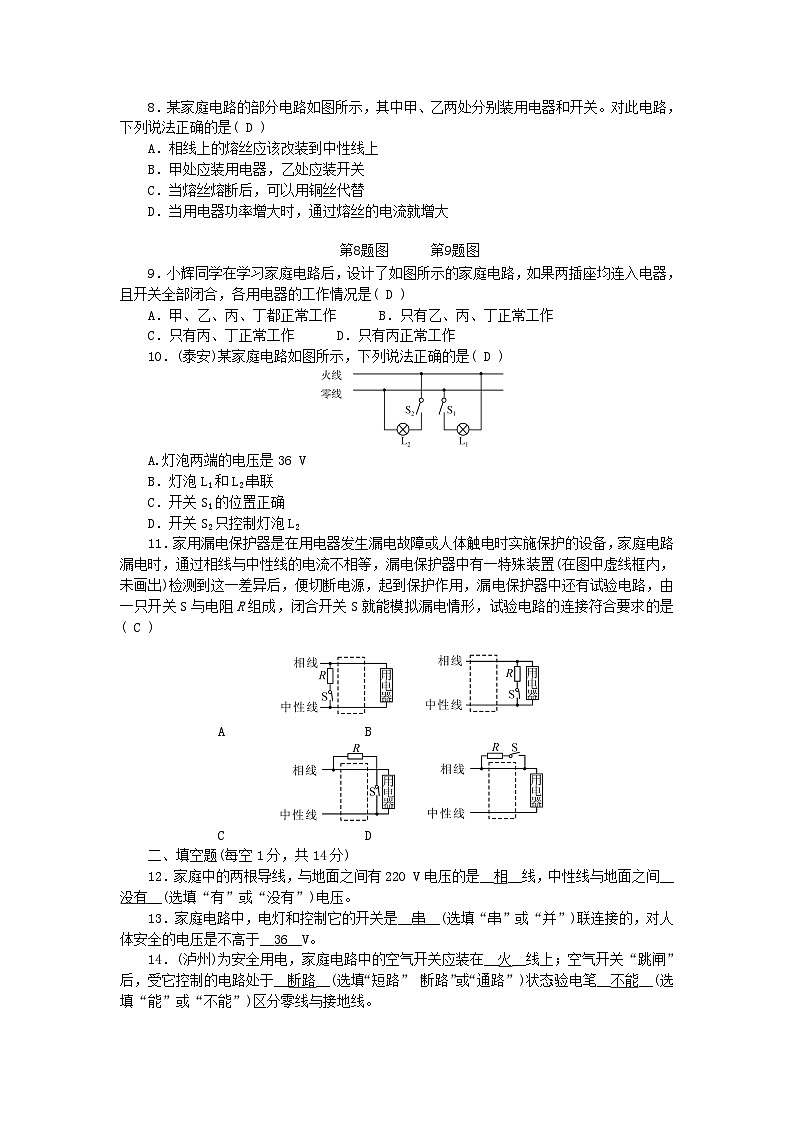 2024九年级物理下册第九章家庭用电综合能力检测题新版教科版02