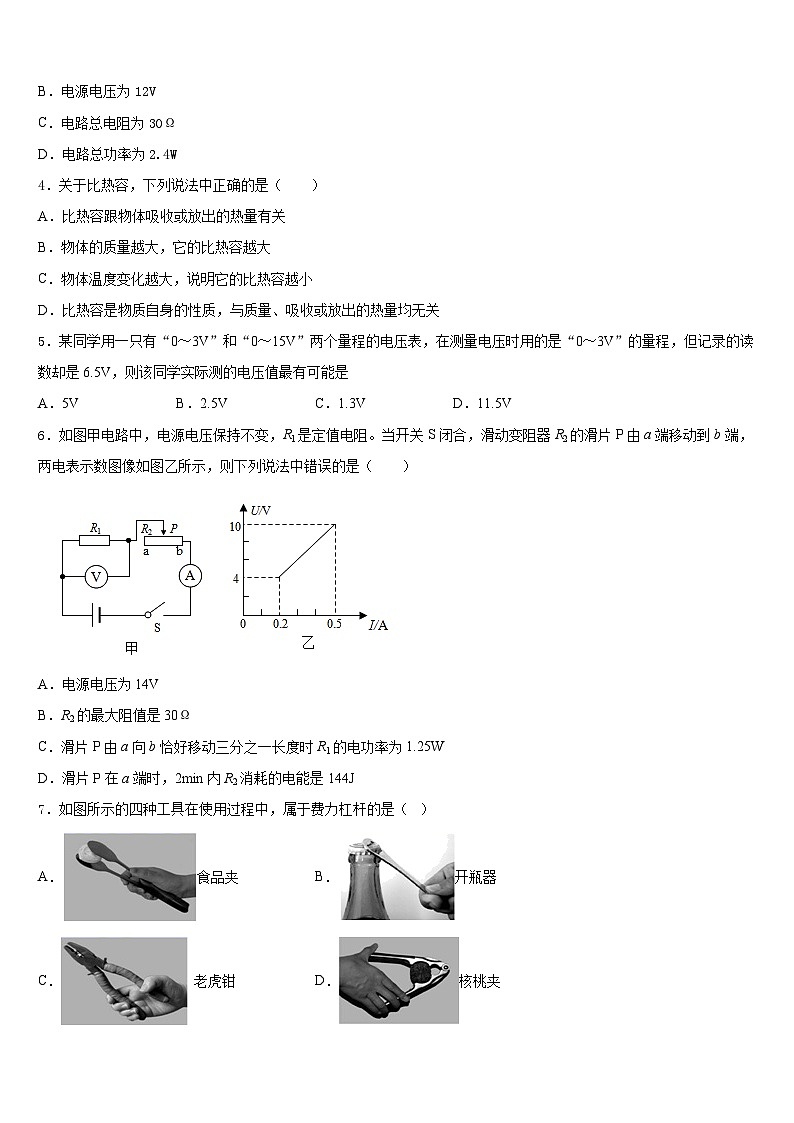 2023-2024学年四川省广元市万达中学物理九年级第一学期期末调研试题含答案02