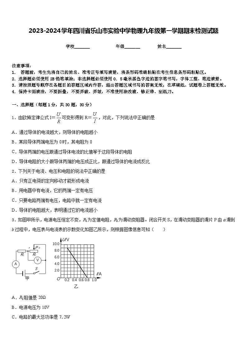 2023-2024学年四川省乐山市实验中学物理九年级第一学期期末检测试题含答案01