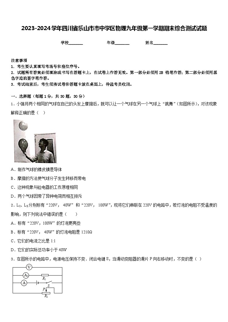 2023-2024学年四川省乐山市市中学区物理九年级第一学期期末综合测试试题含答案第1页