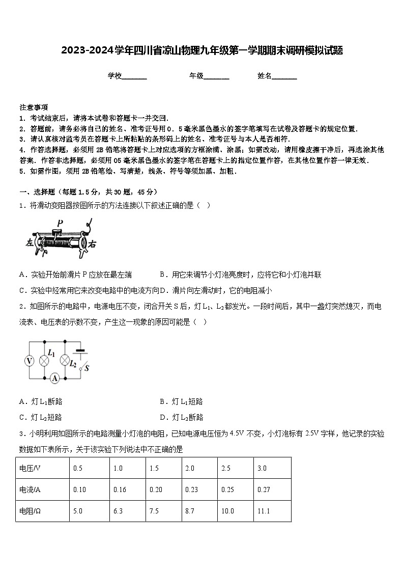 2023-2024学年四川省凉山物理九年级第一学期期末调研模拟试题含答案第1页