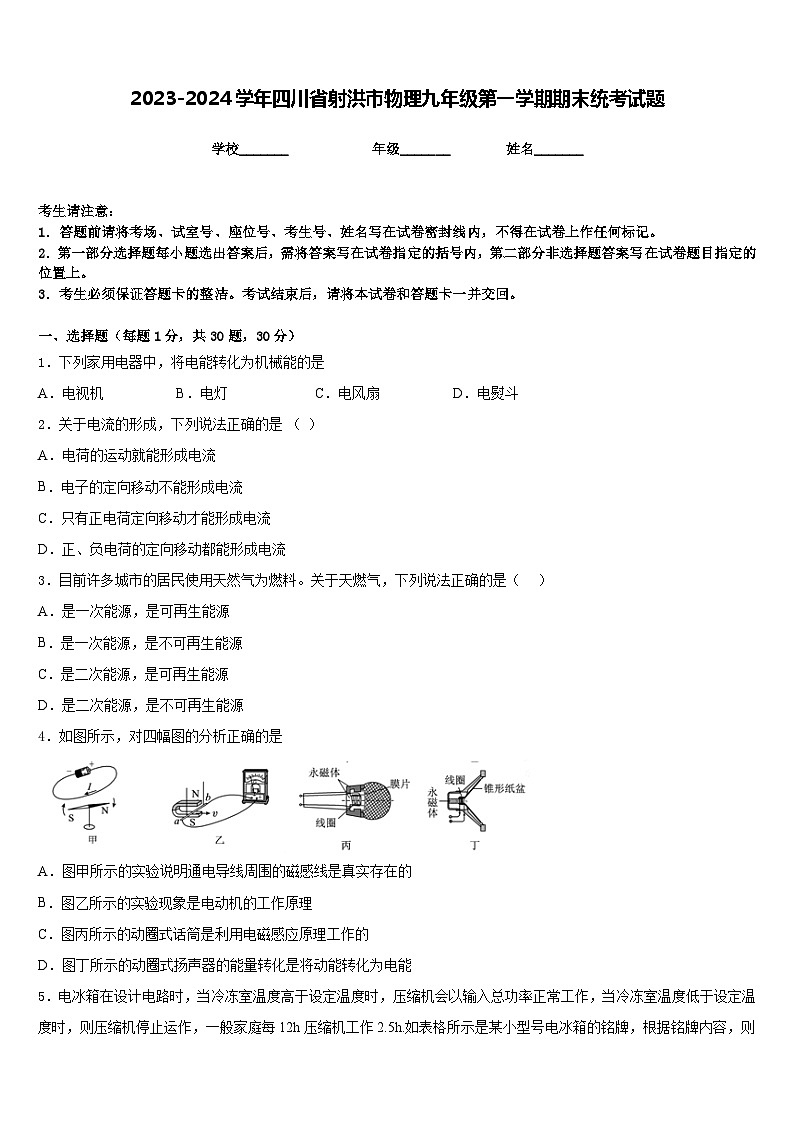 2023-2024学年四川省射洪市物理九年级第一学期期末统考试题含答案第1页