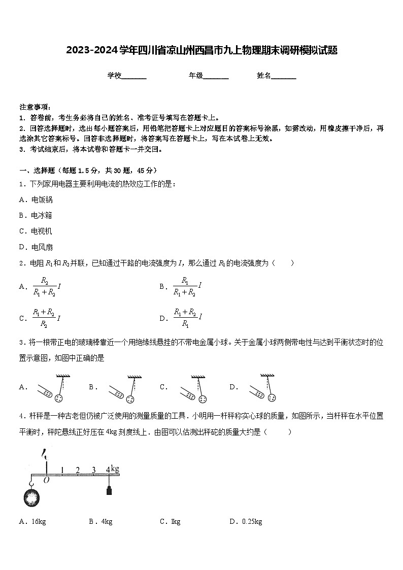 2023-2024学年四川省凉山州西昌市九上物理期末调研模拟试题含答案01