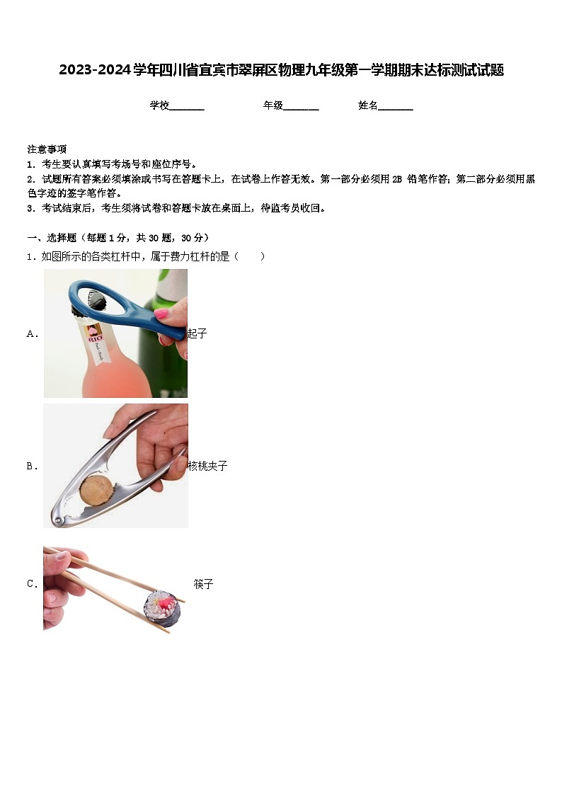 2023-2024学年四川省宜宾市翠屏区物理九年级第一学期期末达标测试试题含答案第1页