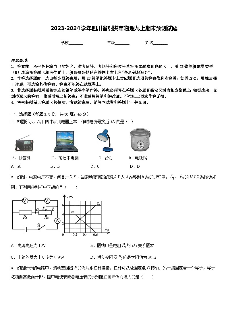 2023-2024学年四川省射洪市物理九上期末预测试题含答案第1页