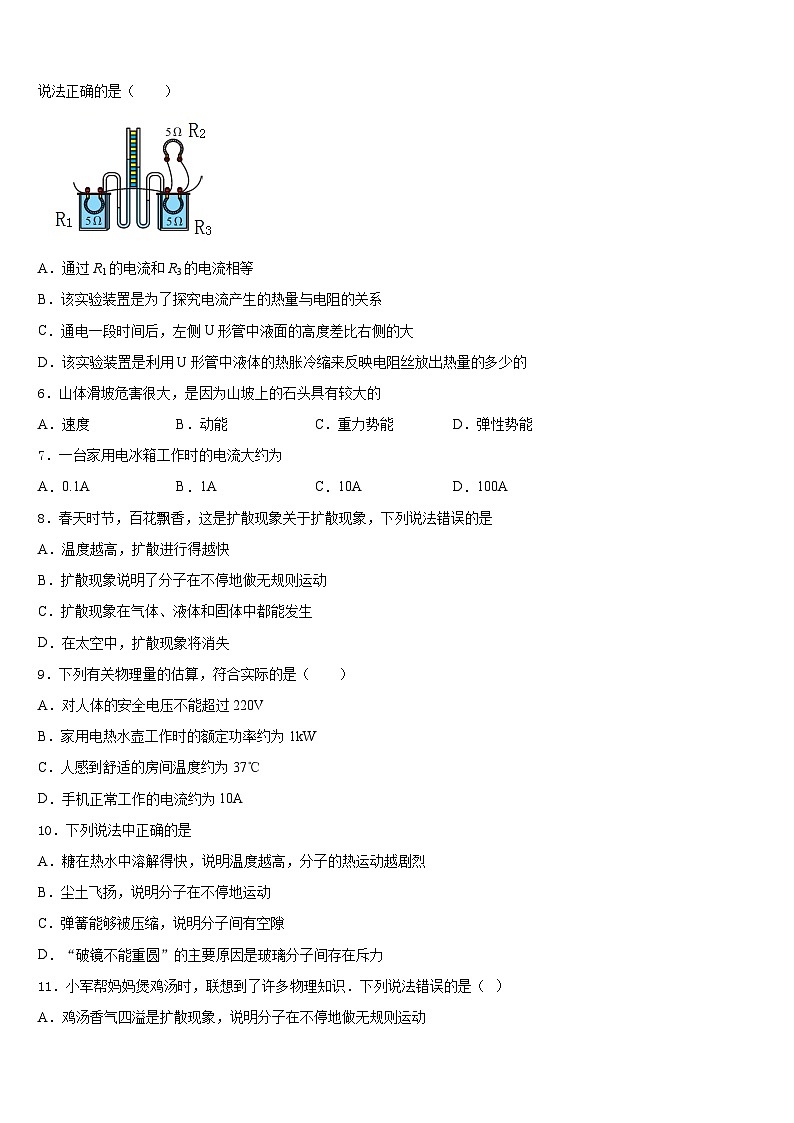2023-2024学年四川省成都七中学育才学校物理九上期末考试模拟试题含答案02