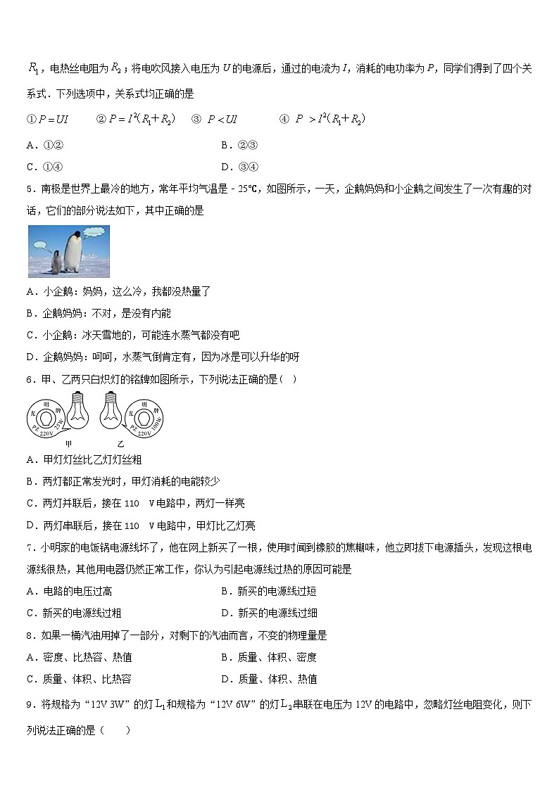 2023-2024学年四川省成都市高新区物理九上期末考试模拟试题含答案02