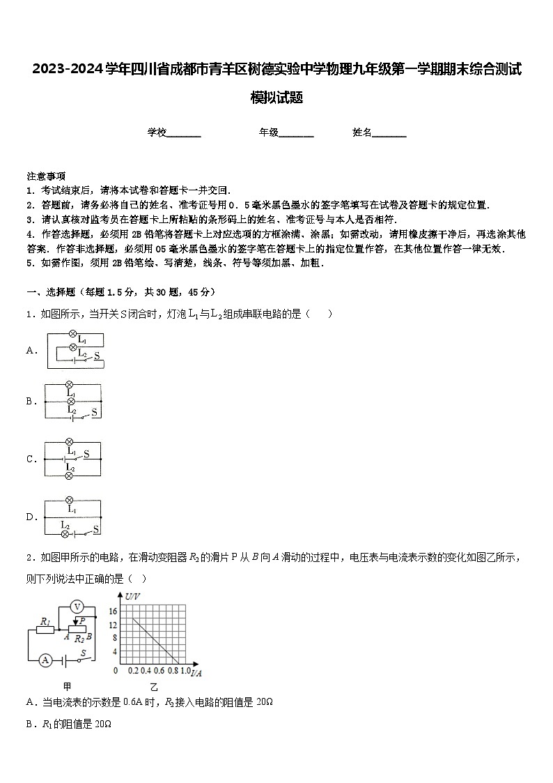 2023-2024学年四川省成都市青羊区树德实验中学物理九年级第一学期期末综合测试模拟试题含答案01