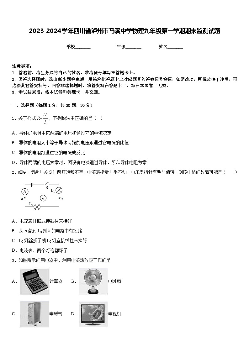 2023-2024学年四川省泸州市马溪中学物理九年级第一学期期末监测试题含答案第1页