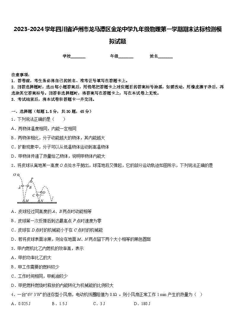 2023-2024学年四川省泸州市龙马潭区金龙中学九年级物理第一学期期末达标检测模拟试题含答案01