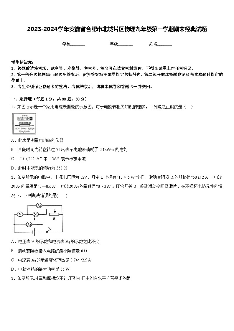 2023-2024学年安徽省合肥市北城片区物理九年级第一学期期末经典试题含答案01