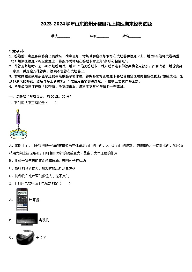 2023-2024学年山东滨州无棣县九上物理期末经典试题含答案01