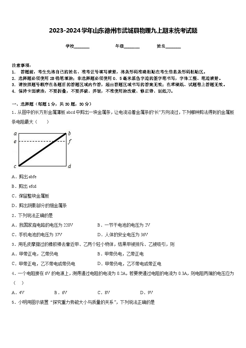 2023-2024学年山东德州市武城县物理九上期末统考试题含答案01