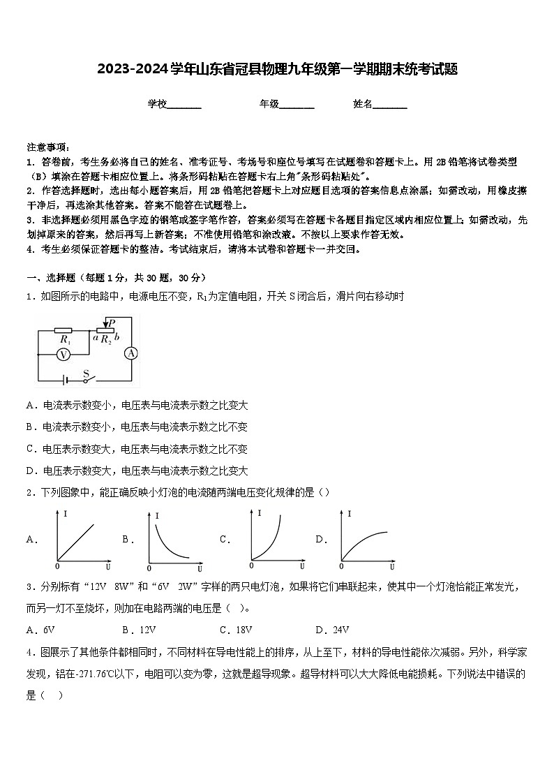2023-2024学年山东省冠县物理九年级第一学期期末统考试题含答案01