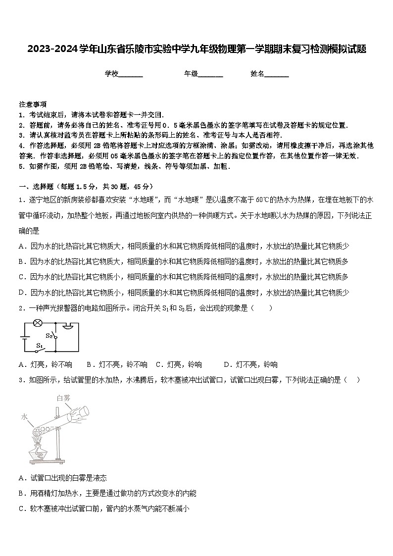 2023-2024学年山东省乐陵市实验中学九年级物理第一学期期末复习检测模拟试题含答案第1页