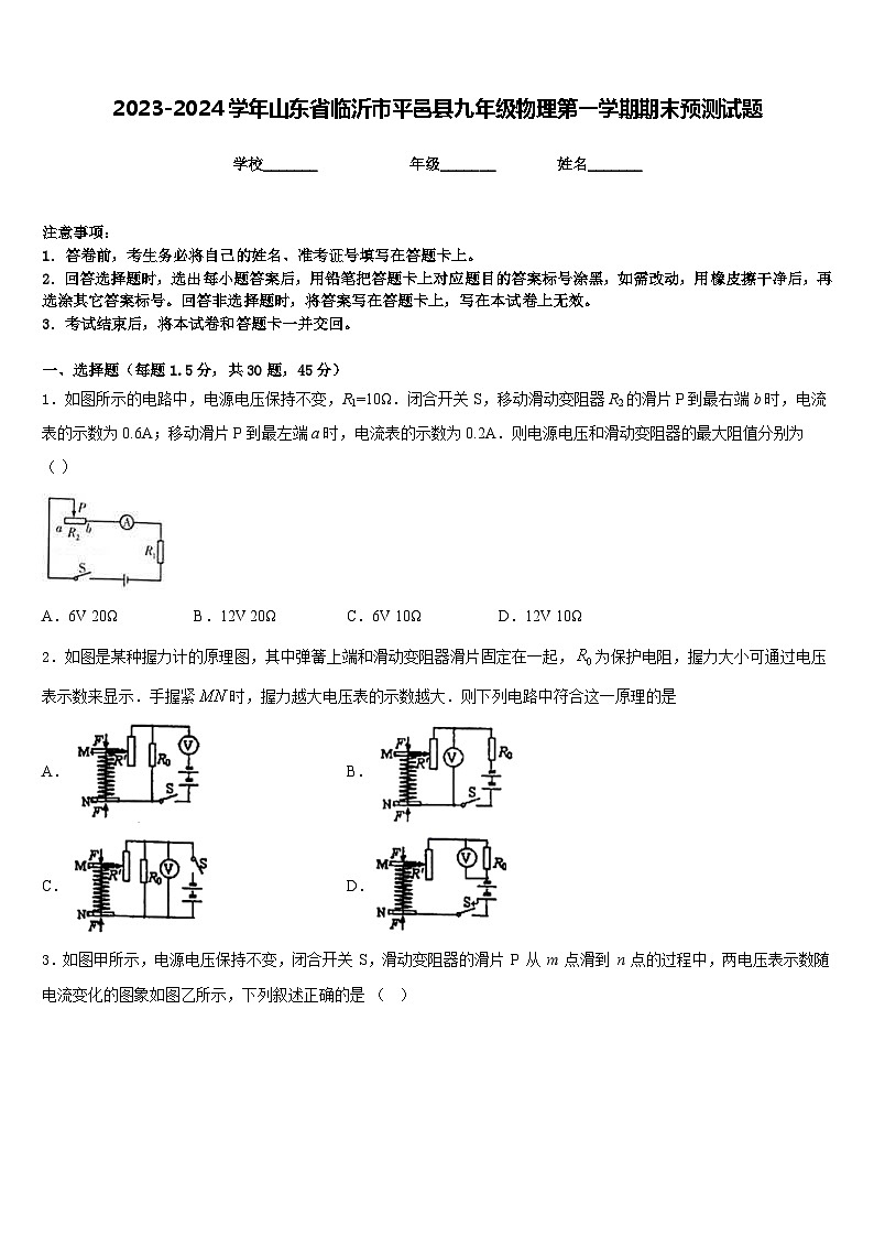 2023-2024学年山东省临沂市平邑县九年级物理第一学期期末预测试题含答案第1页