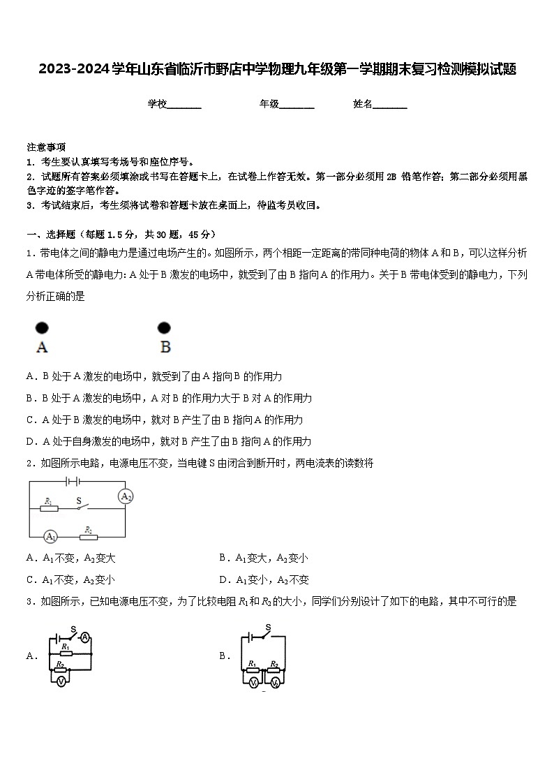2023-2024学年山东省临沂市野店中学物理九年级第一学期期末复习检测模拟试题含答案第1页