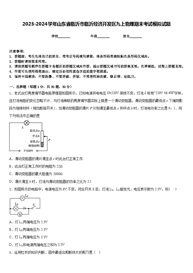2023-2024学年山东省临沂市临沂经济开发区九上物理期末考试模拟试题含答案01