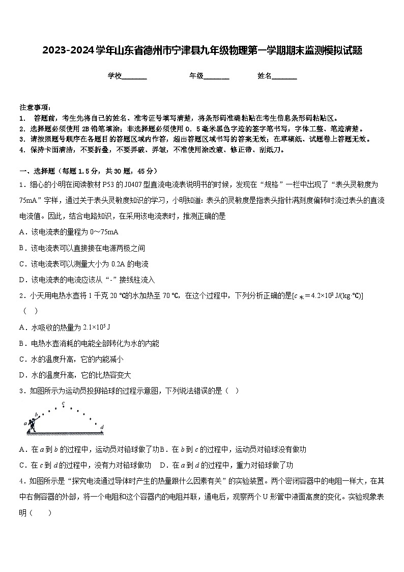 2023-2024学年山东省德州市宁津县九年级物理第一学期期末监测模拟试题含答案第1页