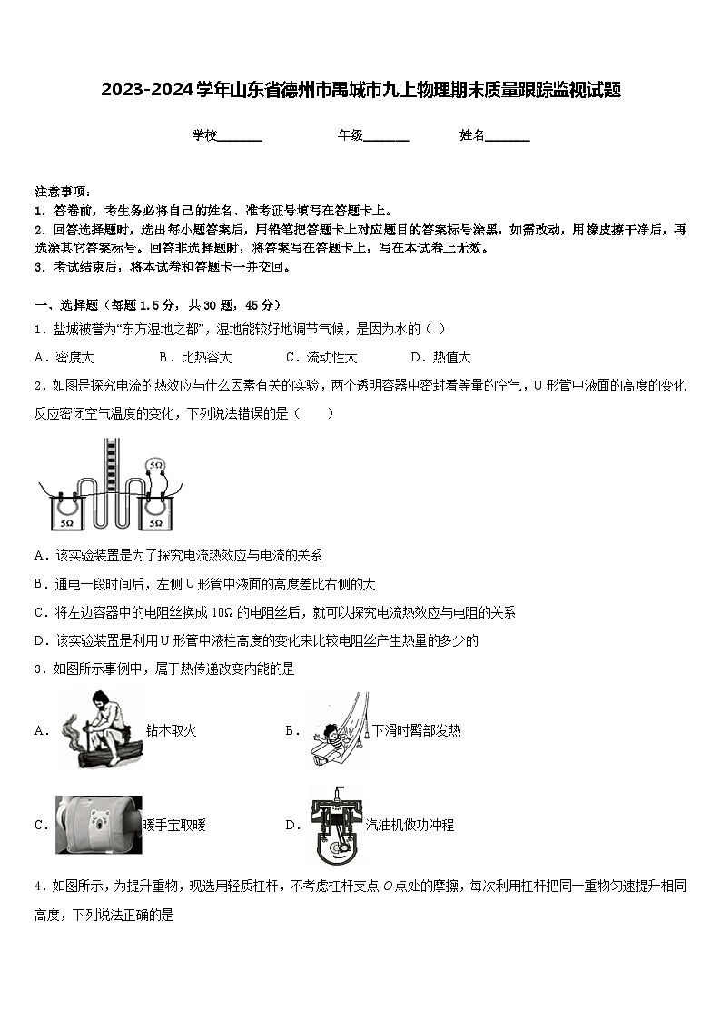 2023-2024学年山东省德州市禹城市九上物理期末质量跟踪监视试题含答案01