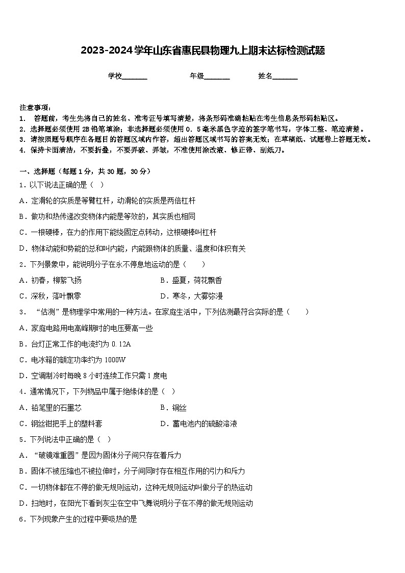 2023-2024学年山东省惠民县物理九上期末达标检测试题含答案01