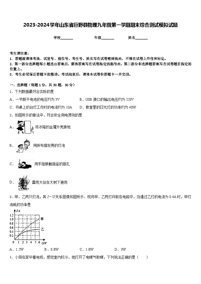 2023-2024学年山东省巨野县物理九年级第一学期期末综合测试模拟试题含答案01
