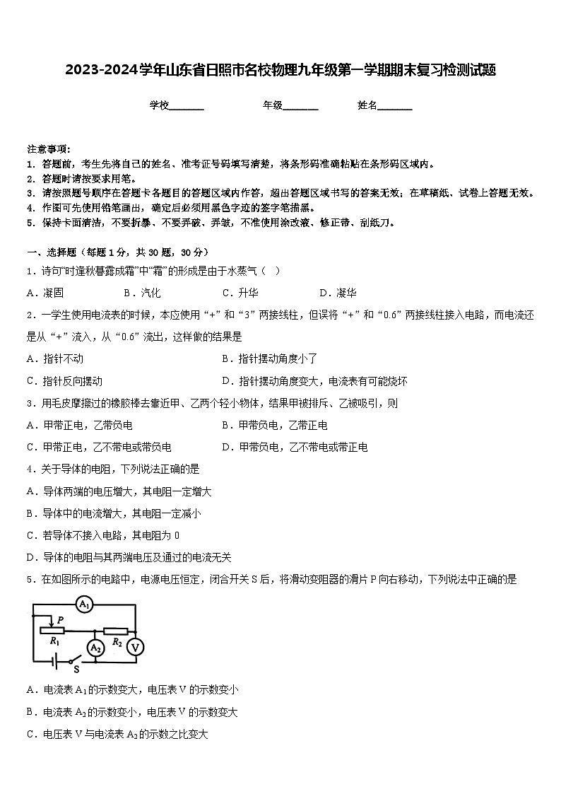 2023-2024学年山东省日照市名校物理九年级第一学期期末复习检测试题含答案01