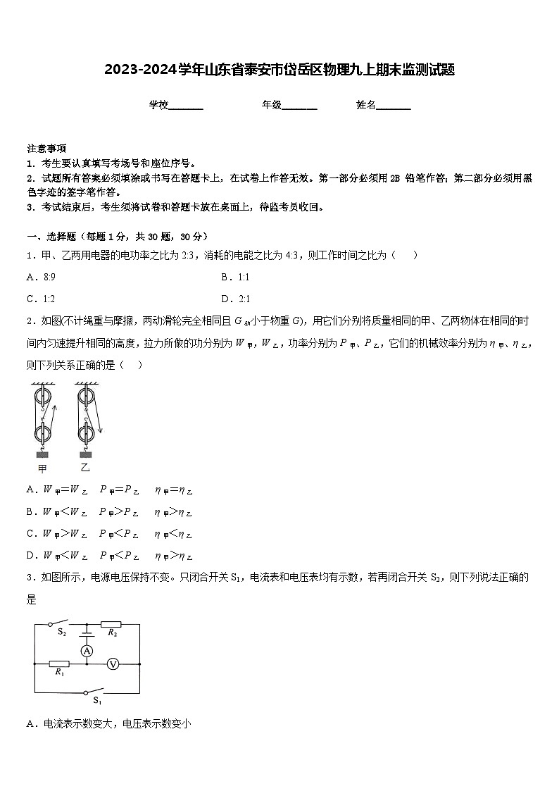 2023-2024学年山东省泰安市岱岳区物理九上期末监测试题含答案01