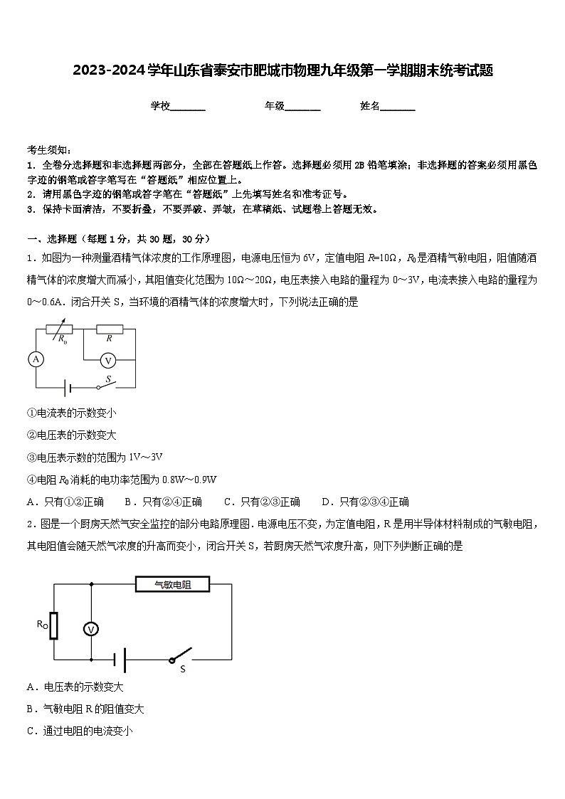 2023-2024学年山东省泰安市肥城市物理九年级第一学期期末统考试题含答案01