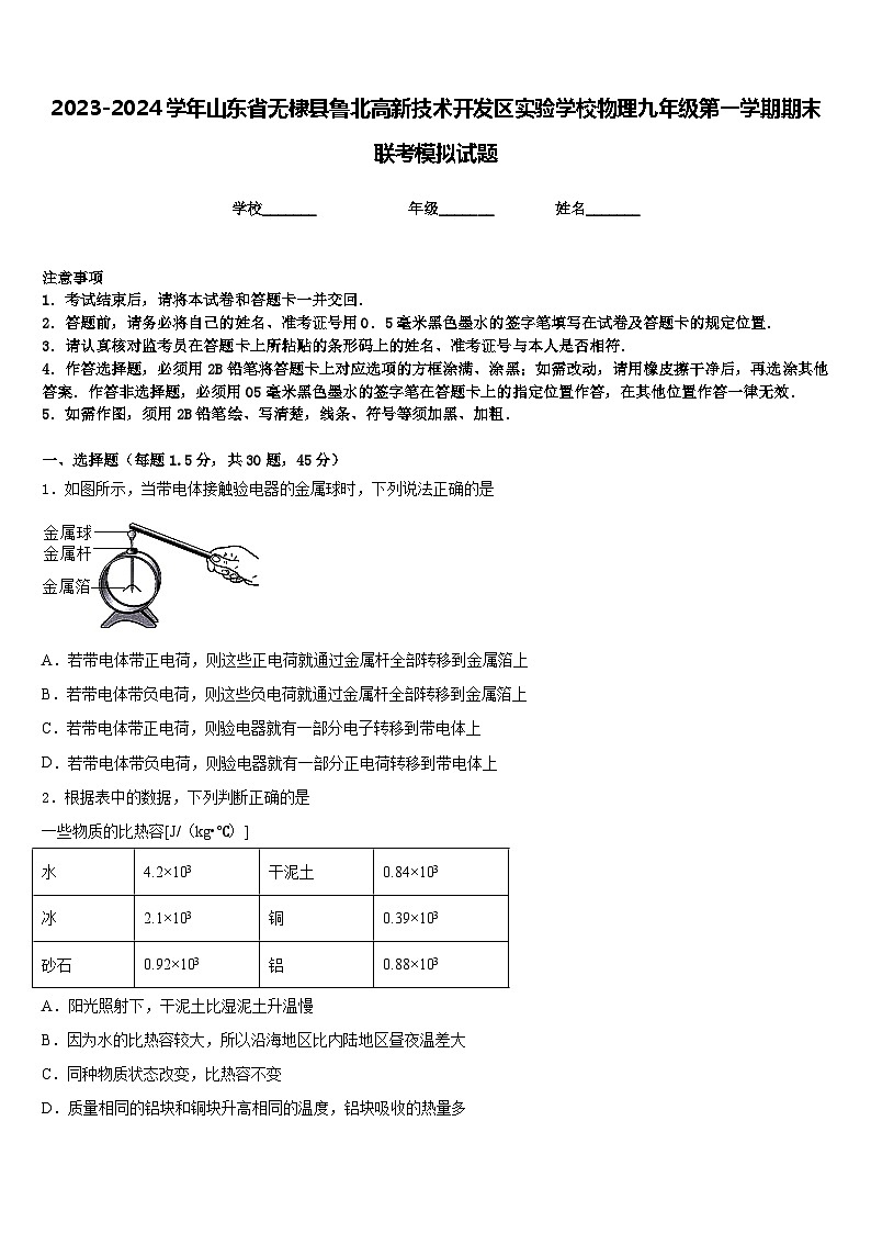 2023-2024学年山东省无棣县鲁北高新技术开发区实验学校物理九年级第一学期期末联考模拟试题含答案第1页
