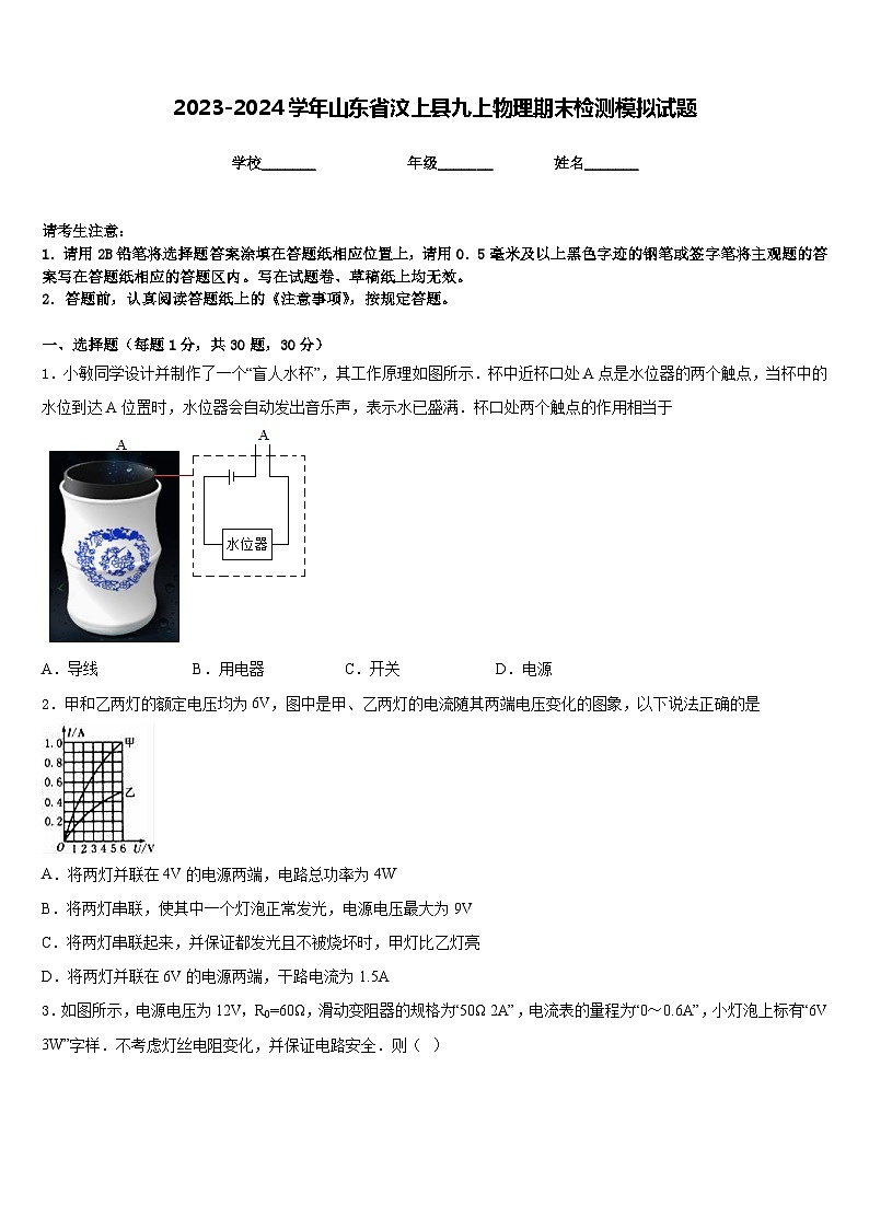 2023-2024学年山东省汶上县九上物理期末检测模拟试题含答案01