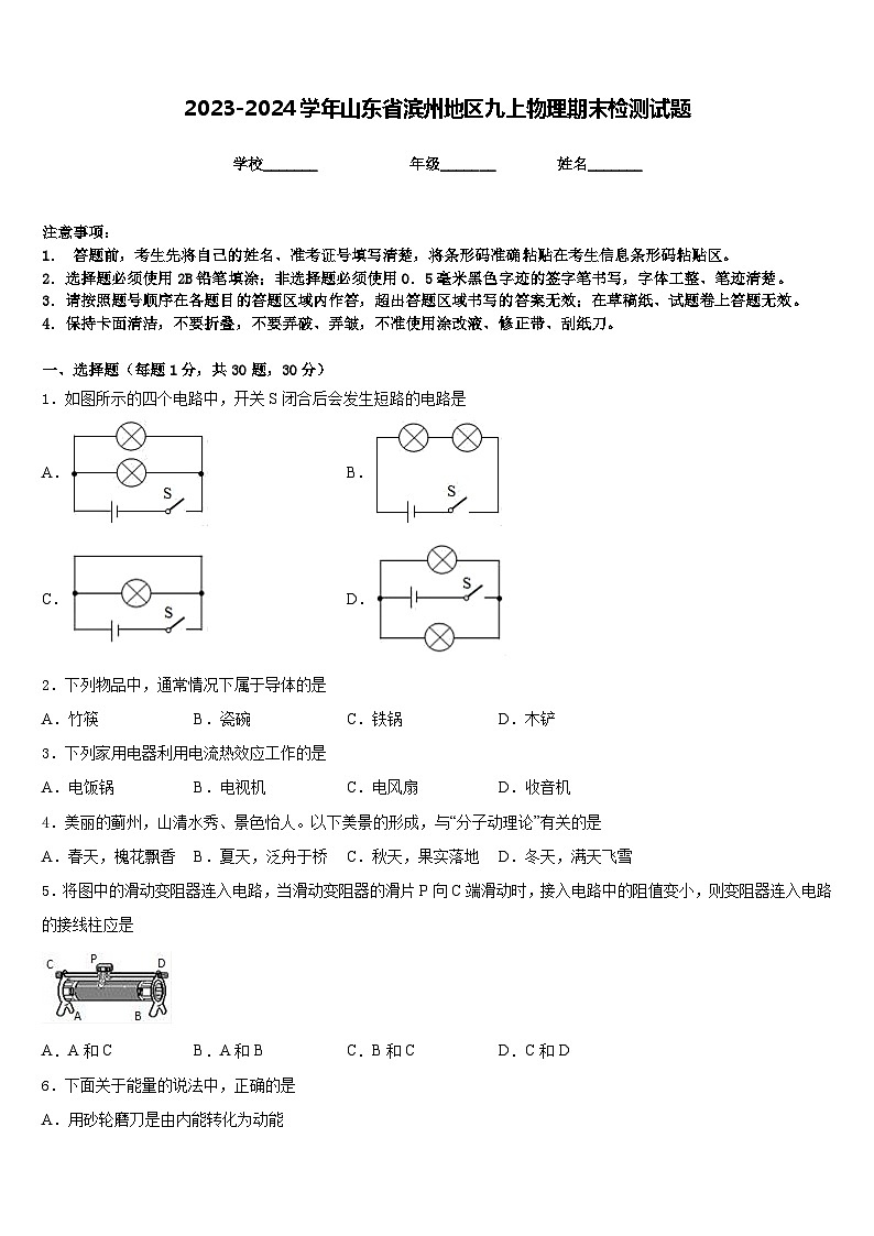 2023-2024学年山东省滨州地区九上物理期末检测试题含答案第1页