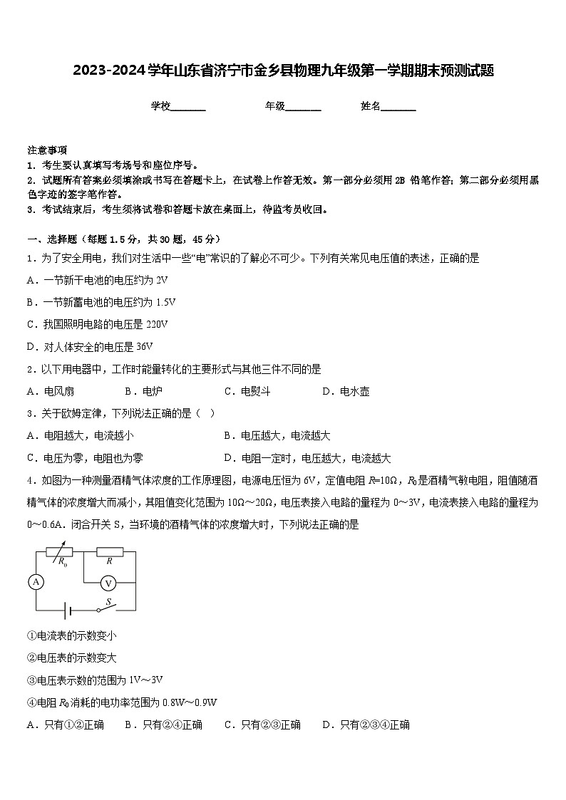 2023-2024学年山东省济宁市金乡县物理九年级第一学期期末预测试题含答案第1页