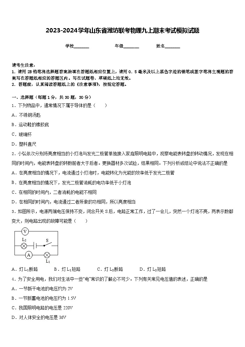2023-2024学年山东省潍坊联考物理九上期末考试模拟试题含答案01
